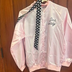 Pink Satin Jacket with Polka Dot Scarf